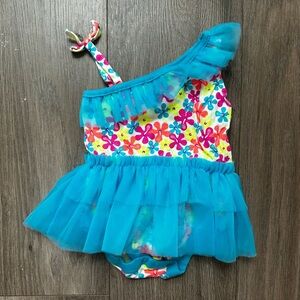 Garanimals Turquoise Floral One-Shoulder Tulle Swim Dress Bathing Suit